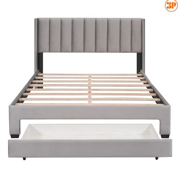 Cadre de lit de rangement, lit plate-forme rembourré en velours avec tête de lit à oreilles, cadre de lit plate-forme de rangement avec 1 grand tiroir et support à lattes en bois, convient pour chambre à coucher, gris
